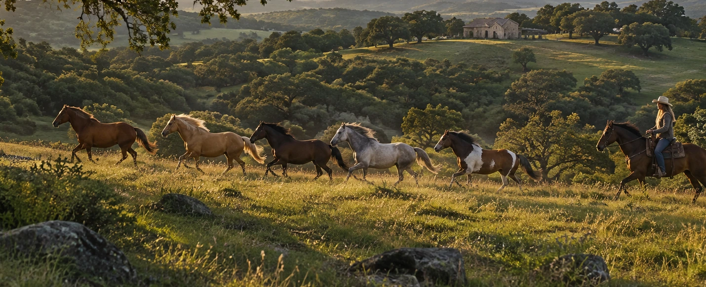 A group of horses moving across a green hillside beneath Texas oak trees; an editorial concept scene.