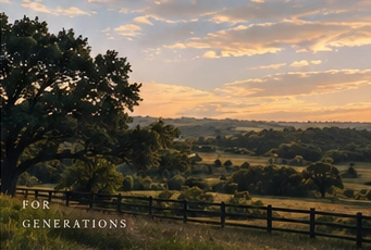 Warm evening light across rolling green ranch land and oak trees; an editorial concept image.