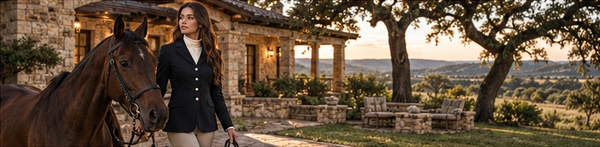 An elegantly dressed cowgirl with her horse beside a stone ranch house and spreading oak trees; editorial concept imagery.