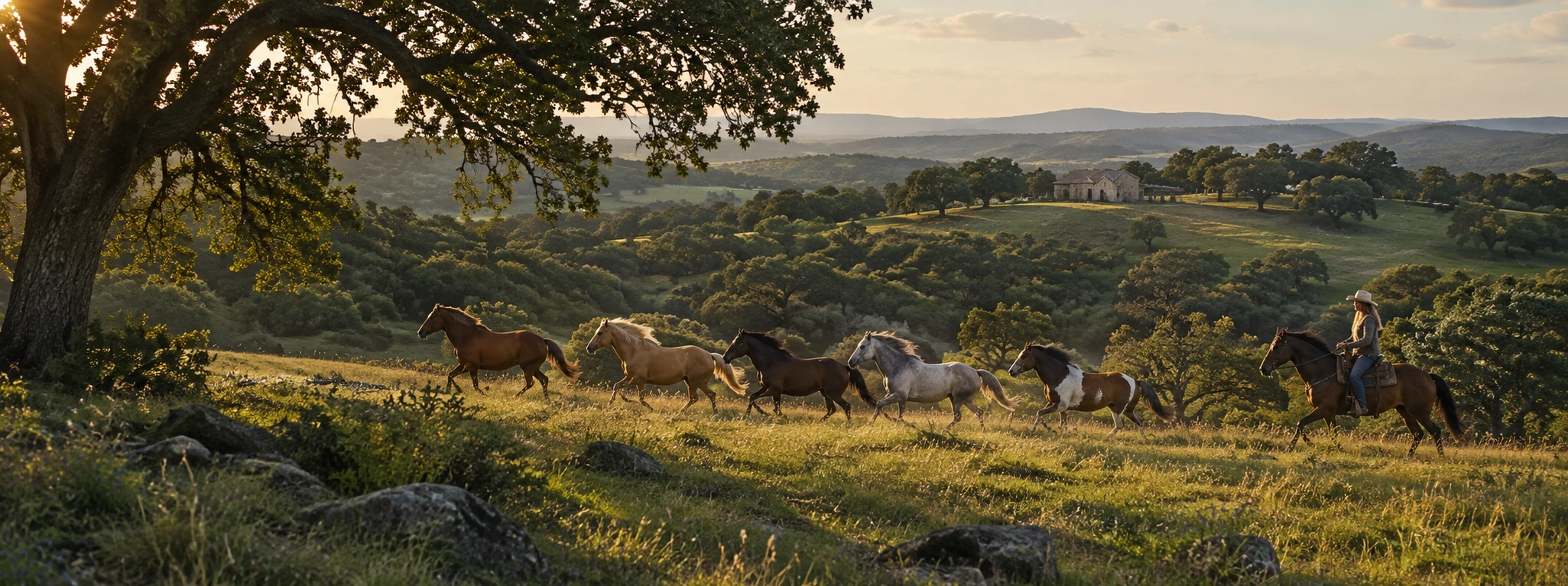 Horses and a rider crossing green, oak-covered Texas ranch hills in the late afternoon light; an editorial concept scene.