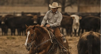 A cowboy on horseback in an arena; an editorial concept image.